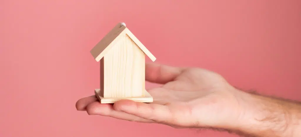 Wooden house model on a palm against a pink background, matching mortgage advice from FVB De Boer