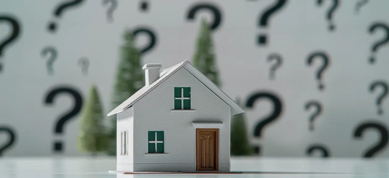 FVB de Boer: Miniature house with question marks in the background, illustrating questions about home insurance or mortgages.